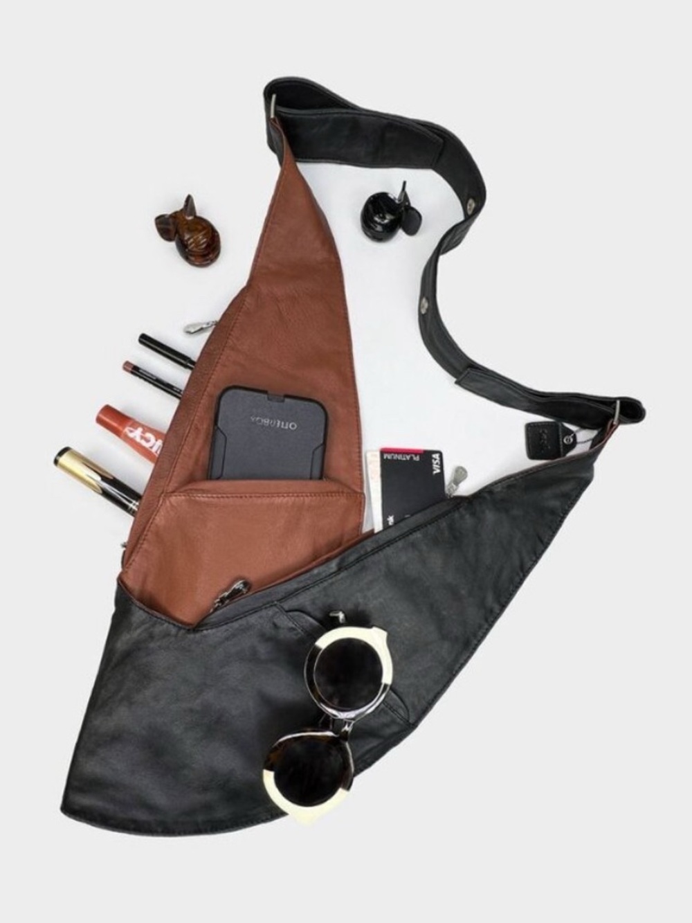 Sash 100% Leather Black & Brown Double Sided Crossbody Bag Adjustable Strap